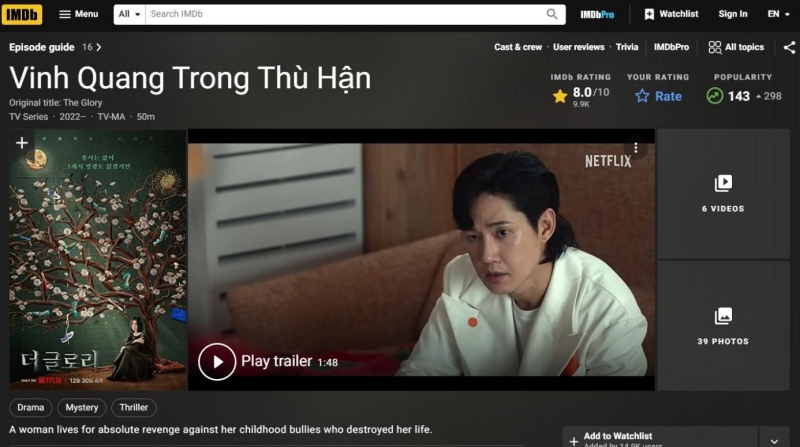 Trên trang IMDb, bộ phim đạt gần 10 nghìn lượt đánh giá với điểm trung bình 8.0 / 10. (Ảnh: Chụp màn hình từ trang web IMDb)
