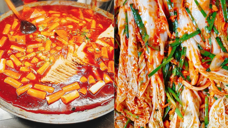 Kimchi và Tteokbokki (bánh gạo cay) là những món ăn tiêu biểu tạo nên tính thẩm mỹ về màu sắc khi chúng gây được kích thích thị giác nhờ màu đỏ bắt mắt từ gia vị đi kèm.. (Ảnh: Vũ Đỗ Hải Hà)
