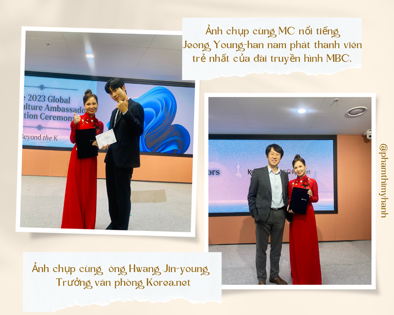 Ảnh chụp cùng MC nổi tiếng và tài năng Jeong Young-han, nam phát thanh viên trẻ nhất của đài truyền hình MBC (trái) và ông Hwang Jin-young, Trưởng văn phòng Korea.net (phải). (Ảnh: Phạm Thị Mỹ Hạnh)