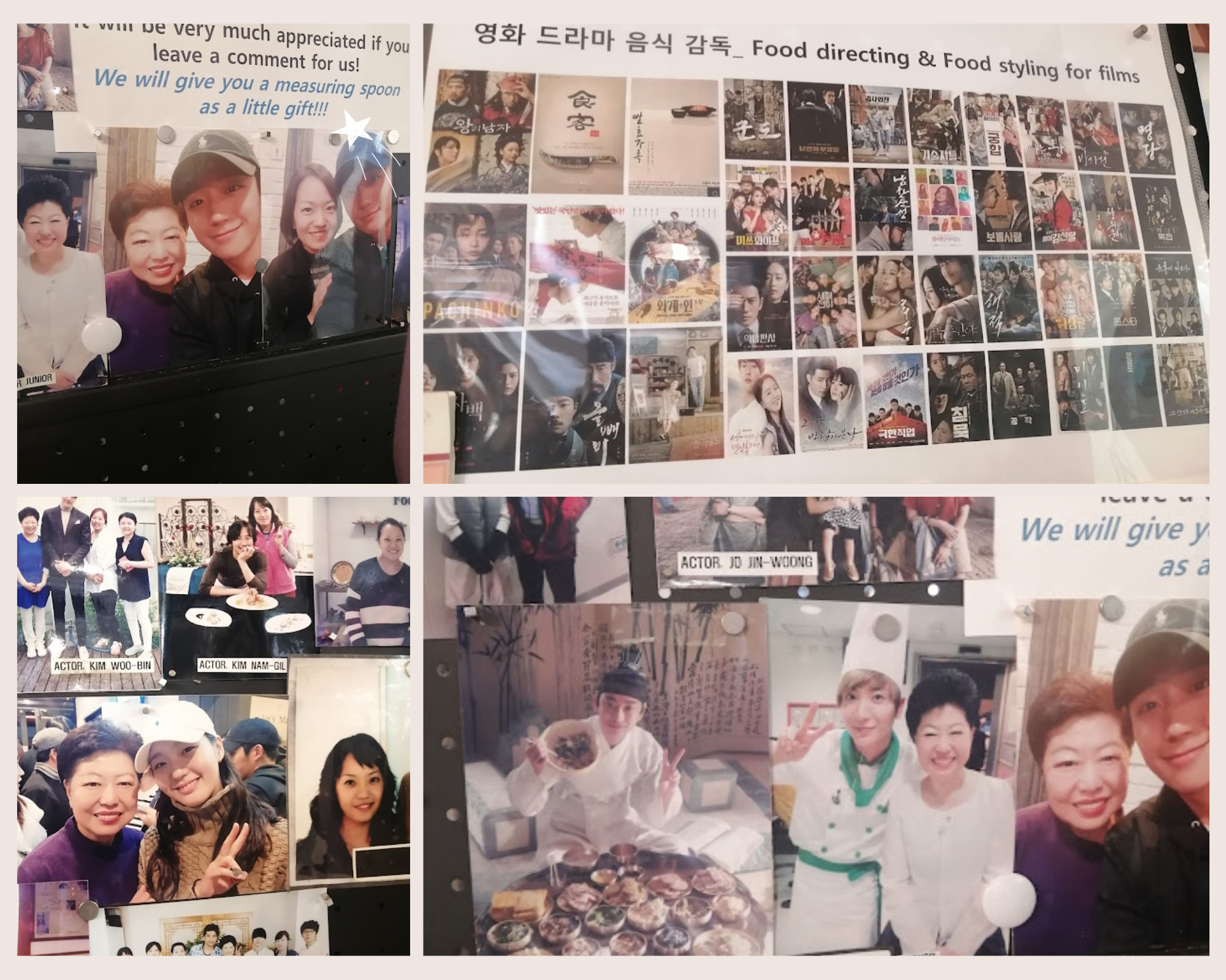 Al entrar a la escuela, encontramos una pared cubierta de fotografías de las chef Soo Jin Kim y Ellie Hyewon Lee con reconocidos idols y actores coreanos como Kim Woo–bin, Kim Go-eun, Jung Hae-in y Leeteuk de Super Junior. 