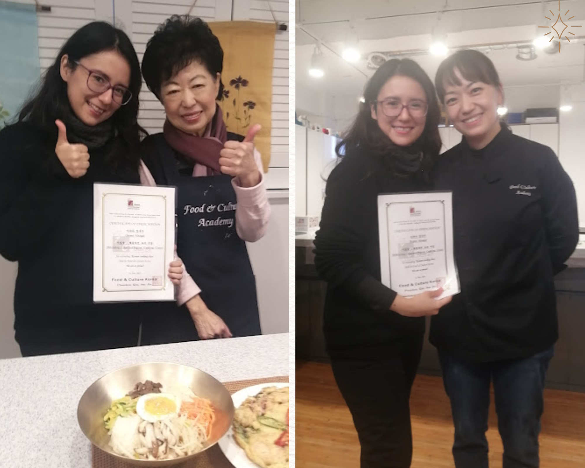Al finalizar la clase, las chefs Soo Jin Kim (izquierda) y Ellie Hyewon Lee (derecha), nos otorgaron un certificado por haber tomado la clase de cocina en su escuela.