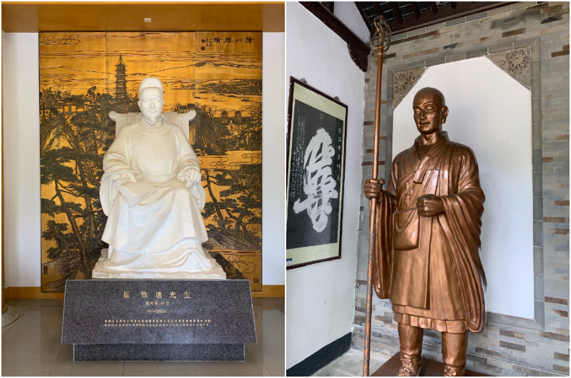 揚州のチェ・チウォン記念館にあるチェ・チウォンの像。背景は彼が見たであろう揚州の風景（左）、揚州の鑑真紀念堂にある鑑真和上の像