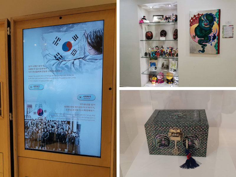 La foto muestra de izquierda a derecha en el sentido de las agujas del reloj, una pantalla donde se proyecta la importancia del patrimonio nacional taegeukgi, artículos sobre Corea del Sur y una caja elaborada con la técnica najeonchilgi.
