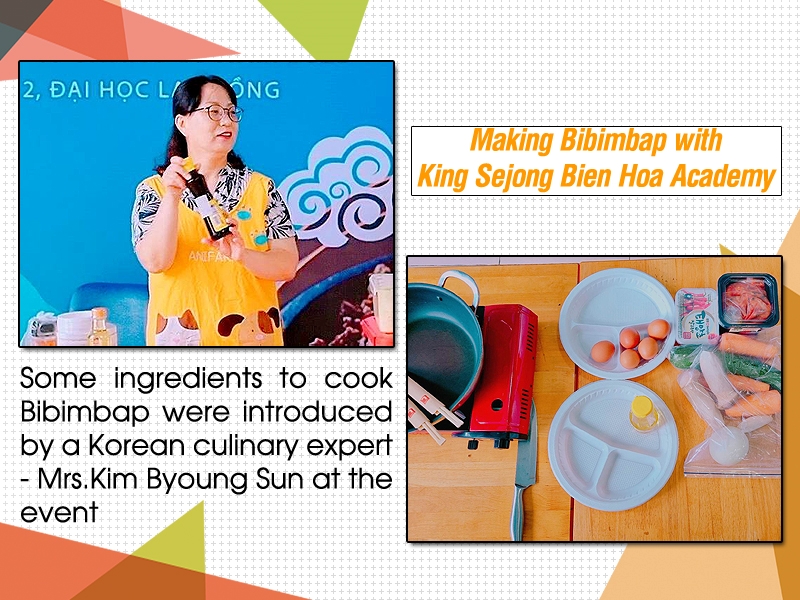 Chuyên gia nấu món Hàn – cô Kim Byoung Sun đang giới thiệu sơ nét về các nguyên liệu cần thiết cho món cơm trộn. (Ảnh: Vũ Đỗ Hải Hà)