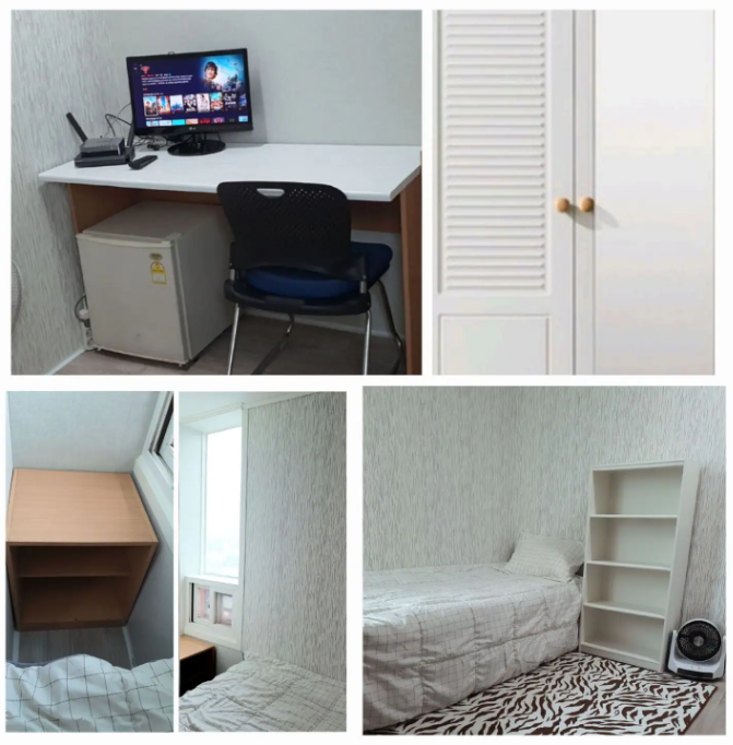 En un gosiwon promedio se puede encontrar el inmobiliario básico como una cama individual, una mesa, una silla y un pequeño refrigerador.
