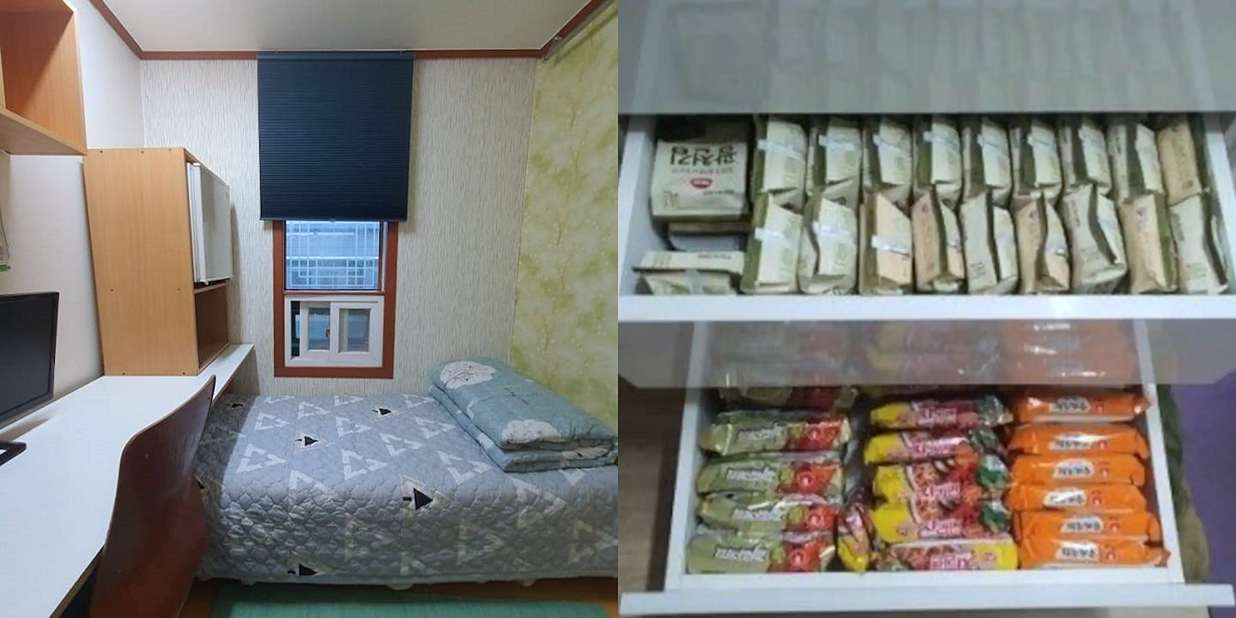 Un cuarto (izquierda) y la disponibilidad de alimentos en el área de cocina (derecha) del gosiwon en el que la reportera honoraria Miriam Guadalupe Peñaloza Anell vivió por un tiempo. | Hyonmi