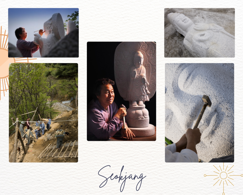 En la foto se muestran imágenes del proceso de elaboración de figuras en piedra (esquina inferior izquierda y derecha), conocidas como seokjang, una escultura (esquina superior derecha) y su portador Lee Jae-Soon (centro). | Administración del Patrimonio Cultural de Corea