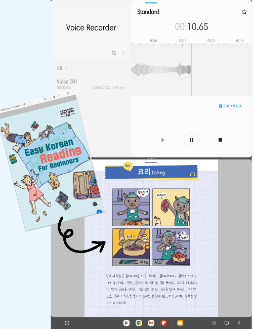 Tangkapan layar penulis saat merekam sambil membaca e-book Easy Korean Reading (Talk To Me in Korean)