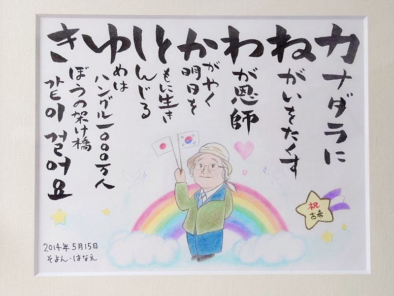 兼若ゼミ生が製作した古希を祝う色紙＝兼若