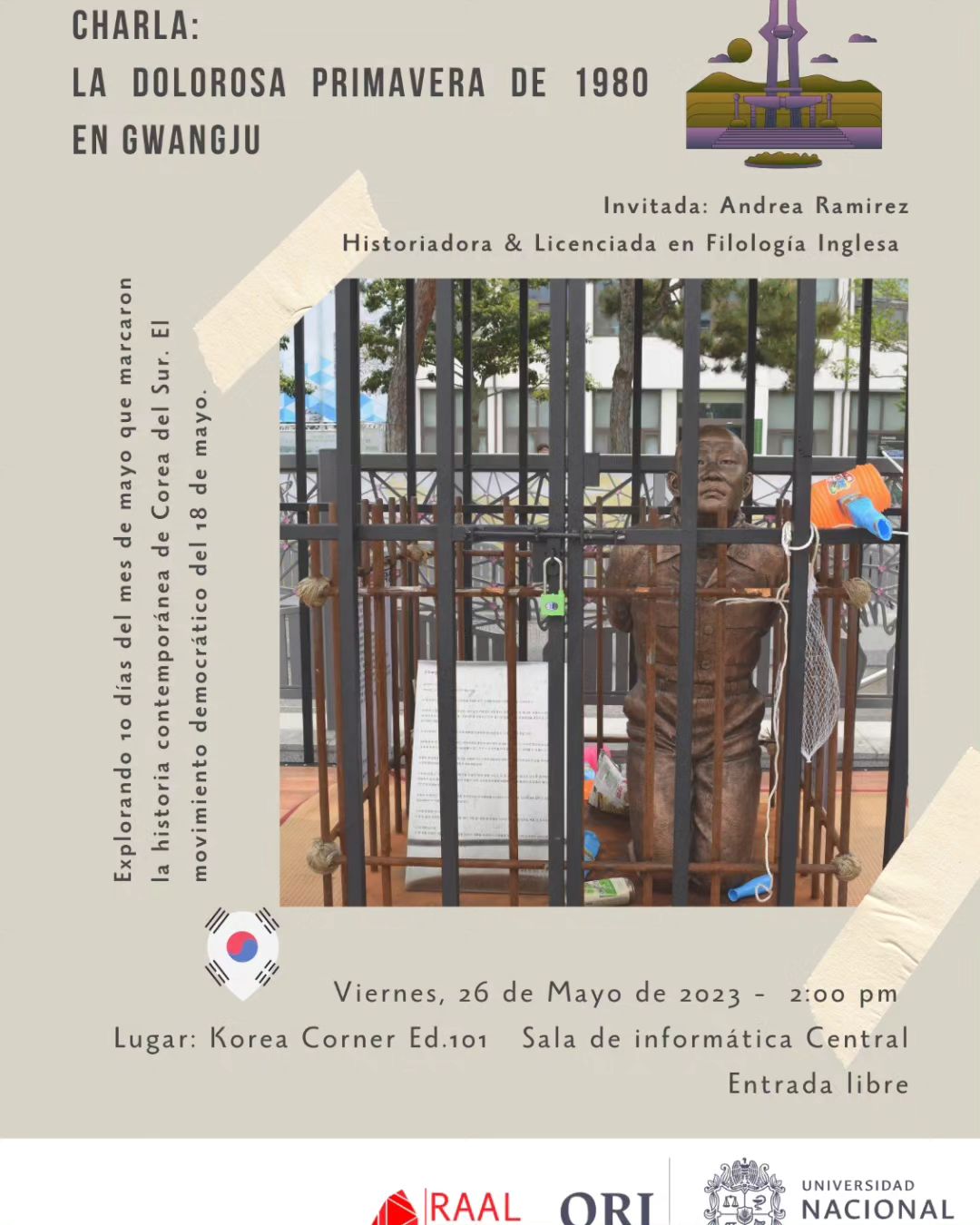 Afiche de la charla 'La dolorosa primavera de 1980 en Gwangju'. | Cuenta oficial de la Oficina de Relaciones Internacionales de la UNAL en Instagram