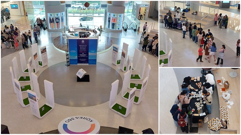 Pameran Promosi Kandidat World EXPO Busan 2030 di Lotte Mall, Jakarta dan foto para pengunjung yang mengantre untuk mencicipi makanan Korea khas Busan.