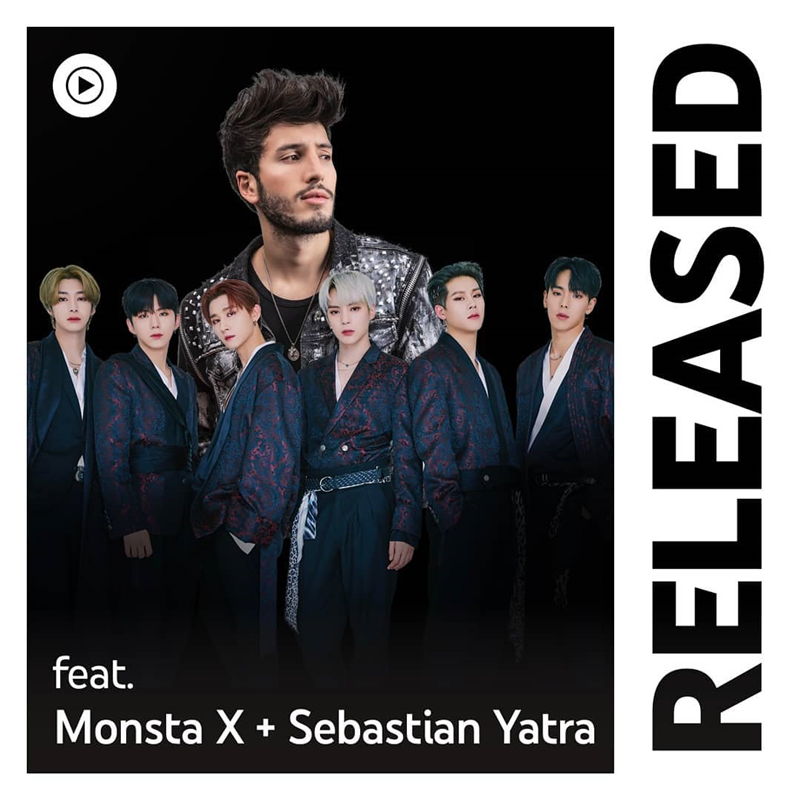 La foto muestra el póster oficial de 'Magnetic', la colaboración entre el solista colombiano Sebastián Yatra y el grupo de K-pop 'Monsta X'. 