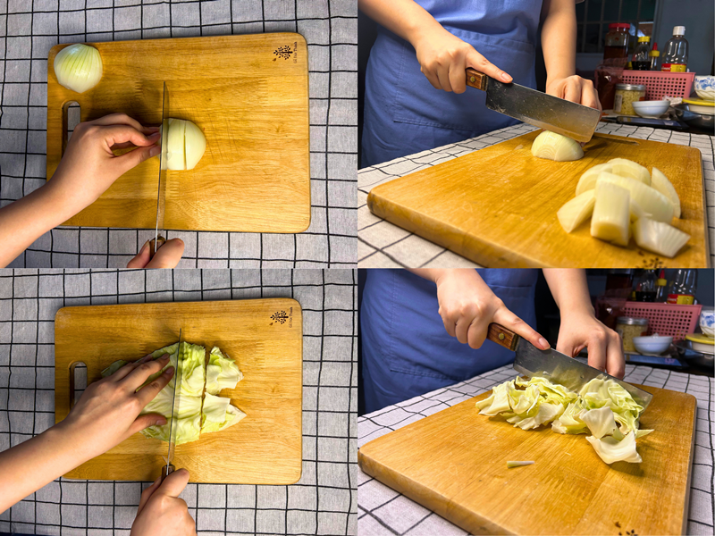 Cắt nhỏ hành tây và bắp cải. (Ảnh: Lưu Hoàng Nhi)