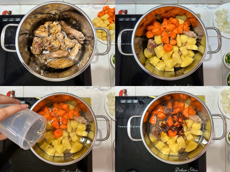 Cho thịt, rau củ và nước sốt vào nồi và đun ở lửa lớn trong 10 phút. (Ảnh: Lưu Hoàng Nhi) 