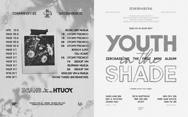 Póster e imagen promocional del mini álbum debut de ZEROBASEONE, titulado 'Youth in the shade'. 