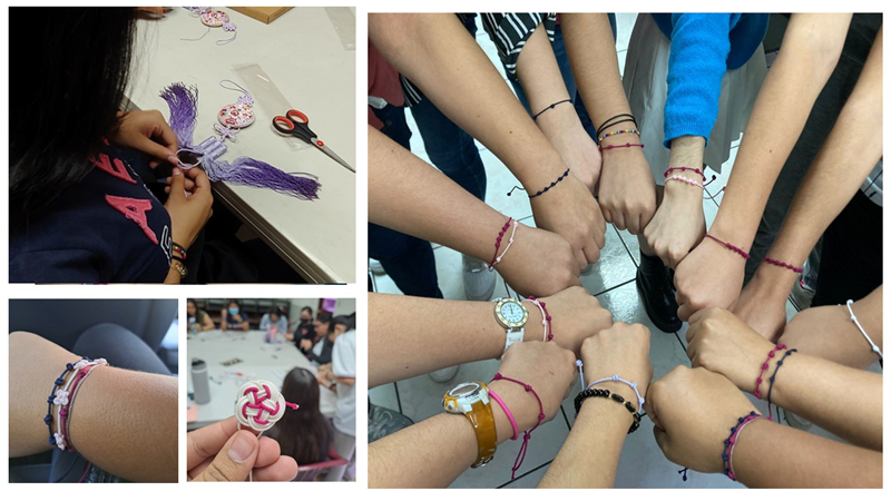 La foto muestra las pulseras elaboradas por las alumnas, durante el taller de nudos, auspiciado por el Instituto Rey Sejong en El Salvador.