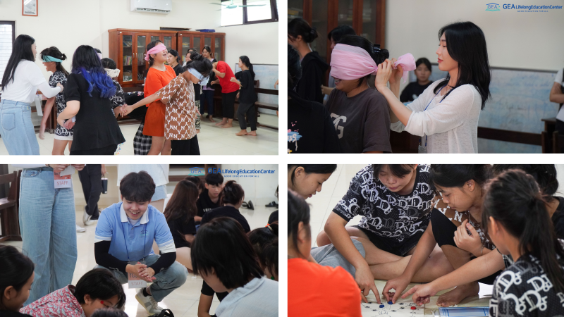 Các em học sinh hứng thú với các trò chơi Hàn Quốc do các anh, chị tình nguyện viên hướng dẫn. (Ảnh: Trung tâm GEA Lifelong Education)