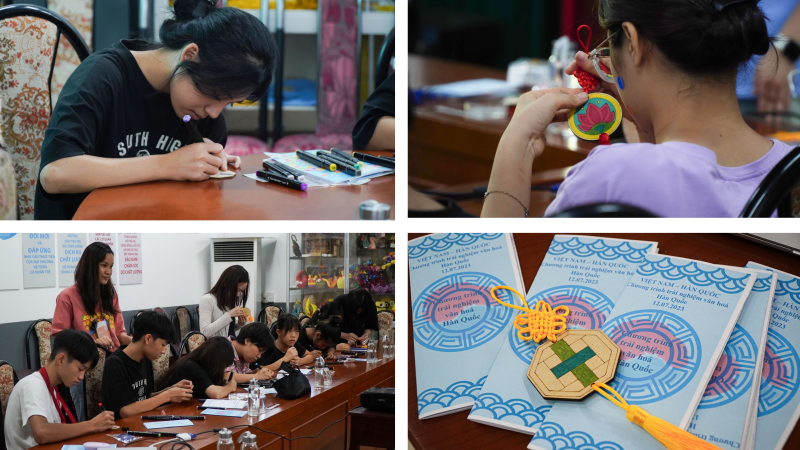 Các em học sinh chăm chú hết sức trong hoạt động tô màu và làm Norigae. (Ảnh: Trung tâm GEA Lifelong Education)