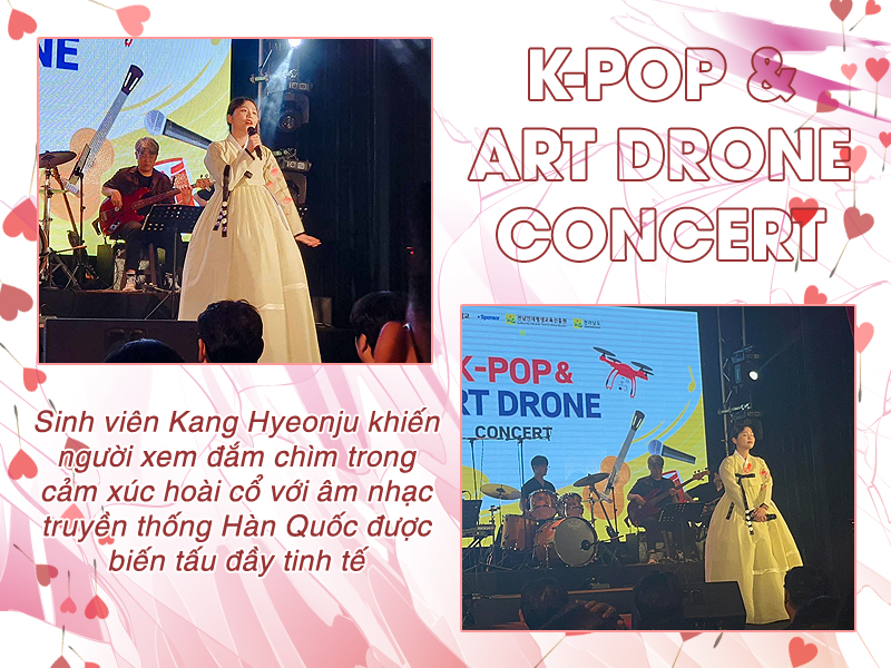 Sinh viên Kang Hyeonju xuất hiện kiều diễm cùng bộ Hanbok vàng nhạt. Cô khiến khán giả chìm đắm trong giai điệu hoài cổ bay bổng của 2 bài hát lấy cảm hứng từ âm nhạc truyền thống xứ Hàn. (Ảnh: Vũ Đỗ Hải Hà, Trịnh Diễm Quỳnh / Biên tập: Vũ Đỗ Hải Hà)