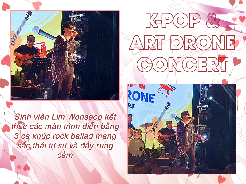 Sinh viên Lim Wonseop kết thúc các tiết mục đơn ca bằng 3 bài hát thuộc thể loại rock ballad mang đậm tính tự sự và da diết. Giọng hát nội lực của anh giúp phần trình diễn đi sâu vào tâm trí mỗi khán giả có mặt tại nhà hát. (Ảnh: Vũ Đỗ Hải Hà)