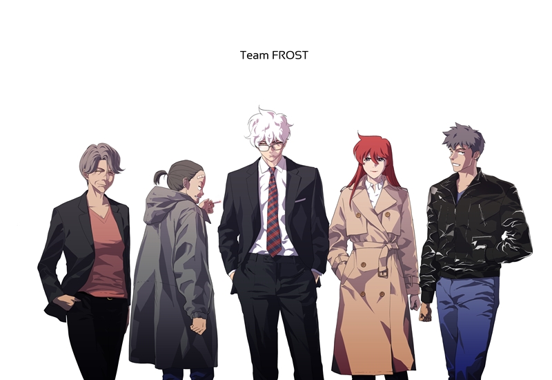 The protagonist Dr. Frost (third from righit) and other leading characters are shown in this scene from the webtoon 