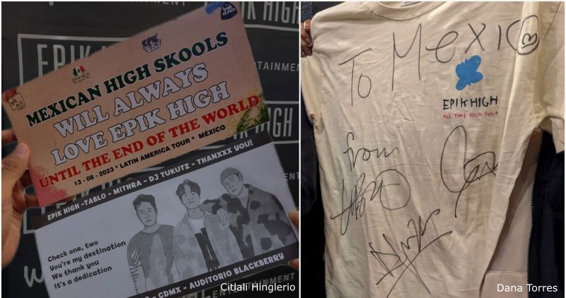 A la izquierda se muestran unos banners diseñados por los fanes mexicanos para el concierto y a la derecha, una playera firmada por todos los integrantes de EPIK HIGH.