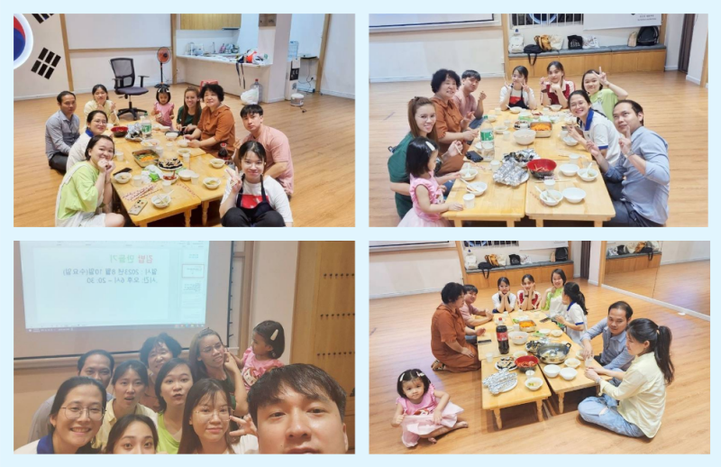 Sau khi hoàn thành xong món Gimbap và canh chả cá Hàn Quốc, các học viên cùng cô giáo ăn uống, trò chuyện và chụp những tấm hình kỷ niệm. (Ảnh: Nguyễn Thùy Linh) 