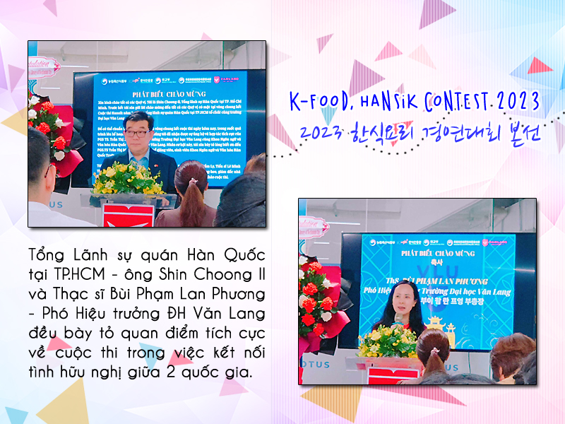 Đại diện ban tổ chức 2 phía Hàn – Việt, ông Shin Choong Il – Tổng Lãnh sự quán Hàn Quốc tại TP.HCM và Thạc sĩ Bùi Phạm Lan Phương – Phó Hiệu trưởng Đại học Văn Lang đã bày tỏ nhiều quan điểm tích cực về cuộc thi “Ssam, món ăn hữu nghị Việt – Hàn” trong việc kết nối văn hóa giữa 2 quốc gia. (Ảnh: Vũ Đỗ Hải Hà)