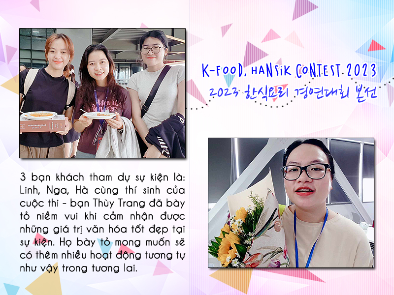 3 vị khách dự sự kiện là Linh, Nga, Hà cùng thí sinh tham gia cuộc thi – bạn Thùy Trang đã bày tỏ niềm vui khi được tận hưởng những giờ phút trải nghiệm thú vị tại sự kiện “Ssam, món ăn hữu nghị Việt – Hàn”. (Ảnh: Vũ Đỗ Hải Hà)