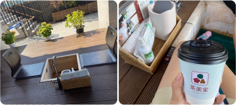 Khu vực trải nghiệm ngâm chân là không gian mở ngoài trời. Loại thảo dược được sử dụng là lá bạc hà có tác dụng thư giãn, giảm đau nhức xương khớp. (Ảnh: Nguyễn Thị Huyền Trang)