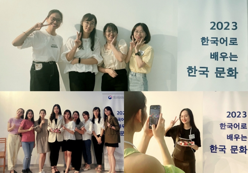 Sau khi hoàn thành những chiếc bánh Songpyeon xinh xắn, các bạn học viên đã cùng chụp 2 cô giáo hướng dẫn của buổi học trải nghiệm : cô Won và cô Choi những tấm hình kỷ niệm đẹp. (Ảnh: Võ Minh Thu)
