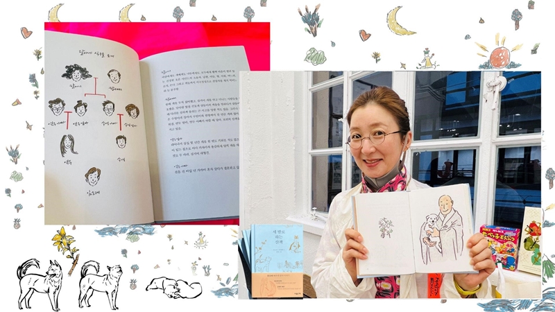 カンスク作家がイラストを手掛けた俳優ムン・ソリさんの著書「三本足の散歩」（左）、ムン・ソリさんの著書を手にポーズをするカンスク作家