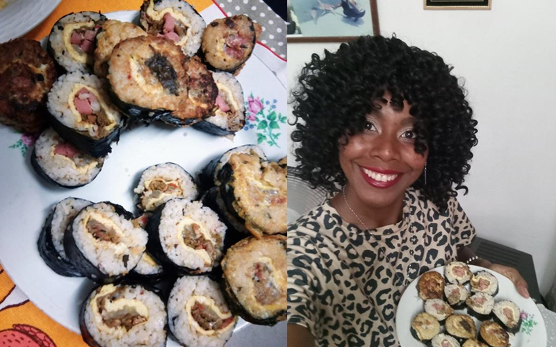 La reportera honoraria de Korea.net Dayviana Díaz, prepara kimbap, un plato similar al sushi japonés, para celebrar su cumpleaños. 