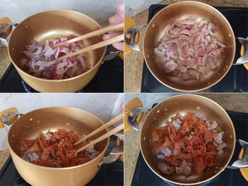 Sau khi thịt săn lại, các bạn tiếp tục xào chung với Kimchi. Ngoài ra, ở bước này, các bạn có thể thêm 2 - 3 thìa nước dùng Kimchi. (Ảnh: Lưu Thị Thu Loan)