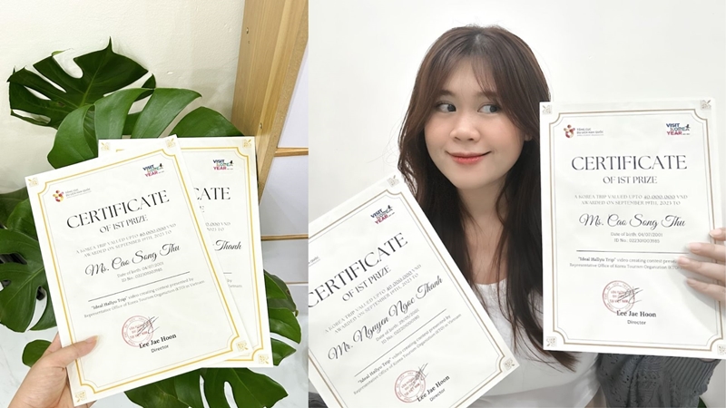 Bạn Cao Song Thư và giấy chứng nhận cho người đạt giải Nhất cuộc thi năm nay. (Ảnh: Cao Song Thư)