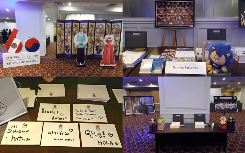 La foto muestra algunos de los espacios instalados en la feria educativa 'Study in Korea 2023', que se llevó a cabo el 12 y 13 de octubre en el salón Le Meridien del Hotel Sheraton, ubicado en el centro histórico de la ciudad de Lima, en Perú. De izquierda a derecha en el sentido de las manecillas del reloj: imagen del hanbok y el logo oficial del aniversario de los 60 años del establecimiento de las relaciones diplomáticas entre Corea del Sur y Perú, estand de la Universidad de Hanyang, expresiones en coreano y exposición fotográfica. | Liz Paucar Nureña