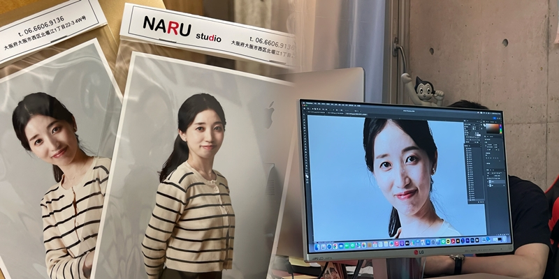 左）プリントアウトしてもらったもの 、右）レタッチ作業中