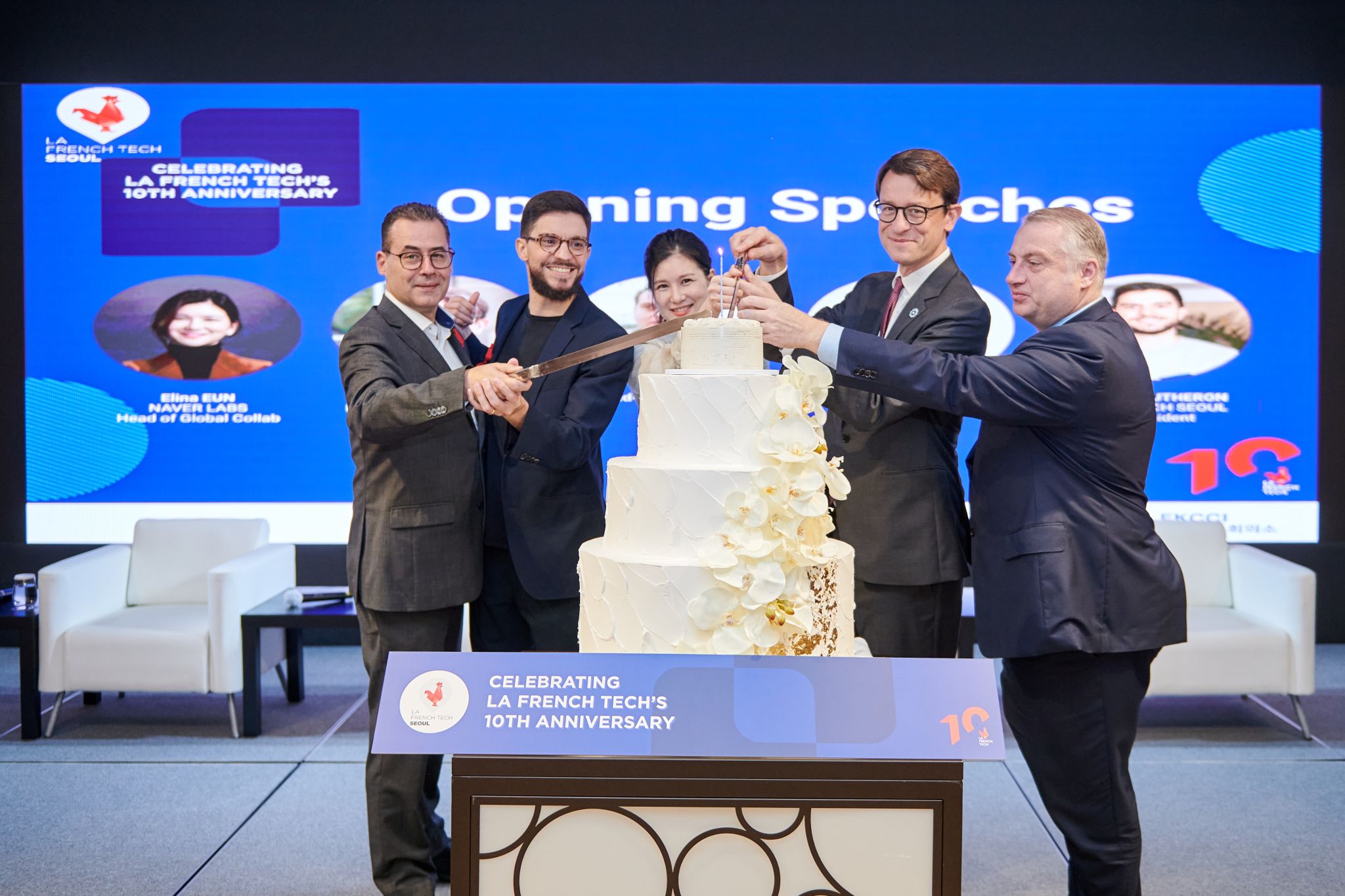 La French Tech fête ses dix ans a Seoul avec: de gauche a droite: Mr. Mercier, Vice-President FTS, Mr. Gautheron, Vice-president FTS, Mrs. Eun, Head of Global Collaboration at Naver, Philippe Bertoux, Ambassadeur de la France en Coree, David-Pierre Jalicon, Chairman FKCCI