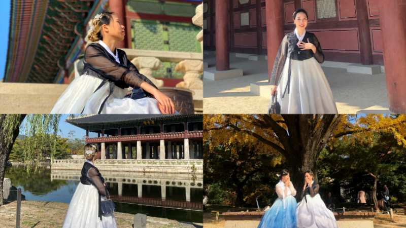 Mặc trang phục truyền thống Hanbok và dạo quanh cung điện Gyeongbokgung. (Ảnh: Trần Hải Anh)