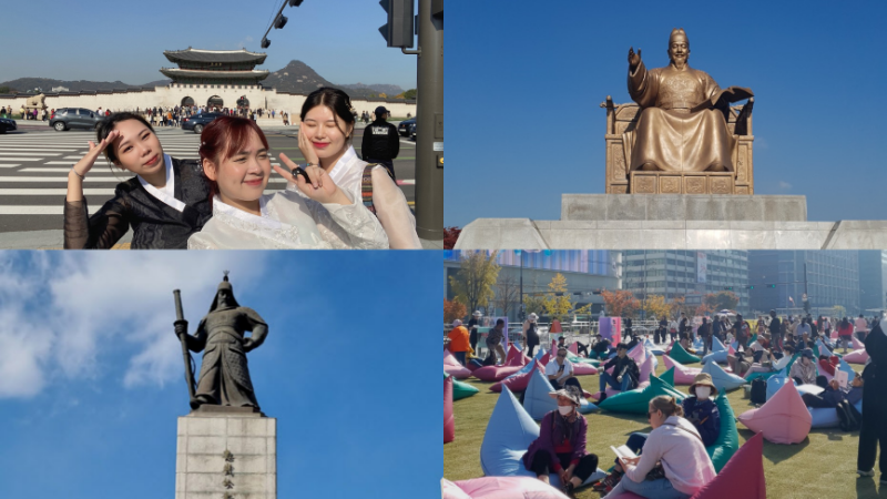 Quảng trường Gwanghwamun với không gian đọc sách ngoài trời, tượng đồng vua Sejong và tướng quân Yi Sun-shin. (Ảnh: Trần Hải Anh)
