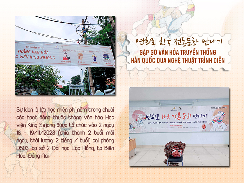 Lớp học “Gặp gỡ văn hóa truyền thống Hàn Quốc qua nghệ thuật trình diễn” là sự kiện nằm trong chuỗi các hoạt động tôn vinh tháng văn hóa Học viện King Sejong. (Ảnh: Vũ Đỗ Hải Hà)