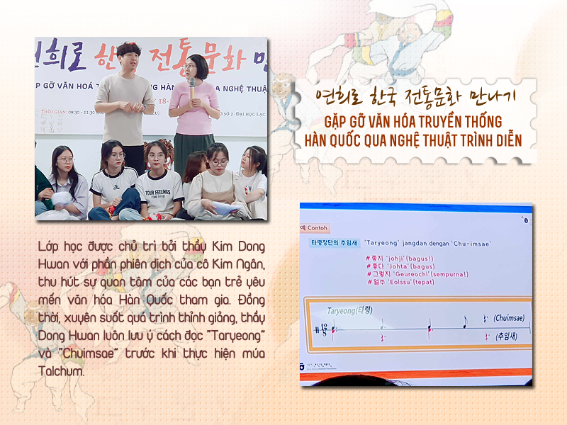 Lớp học chủ trì bởi thầy Kim Dong Hwan với phần phiên dịch của cô Kim Ngân thu hút đông đảo các bạn trẻ yêu thích văn hóa Hàn Quốc tham dự. Bên cạnh đó, xuyên suốt quá trình thỉnh giảng, thầy Kim luôn lưu ý học viên cách thức đọc “Taryeong” và “Chuimsae” trước lúc thực hiện múa mặt nạ Talchum. (Ảnh: Vũ Đỗ Hải Hà)
