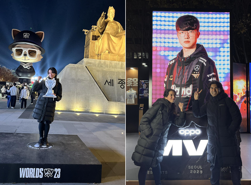 La reportera honoraria de Korea.net Marbella Irais Ledesma Cárdenas, junto con su amigo se toman fotos conmemorativas con la figura de Teemo, uno de los personajes más conocidos de League of Legends (LoL), en la plaza de Gwanghwamun, en el distrito Jongno-gu, en Seúl. 