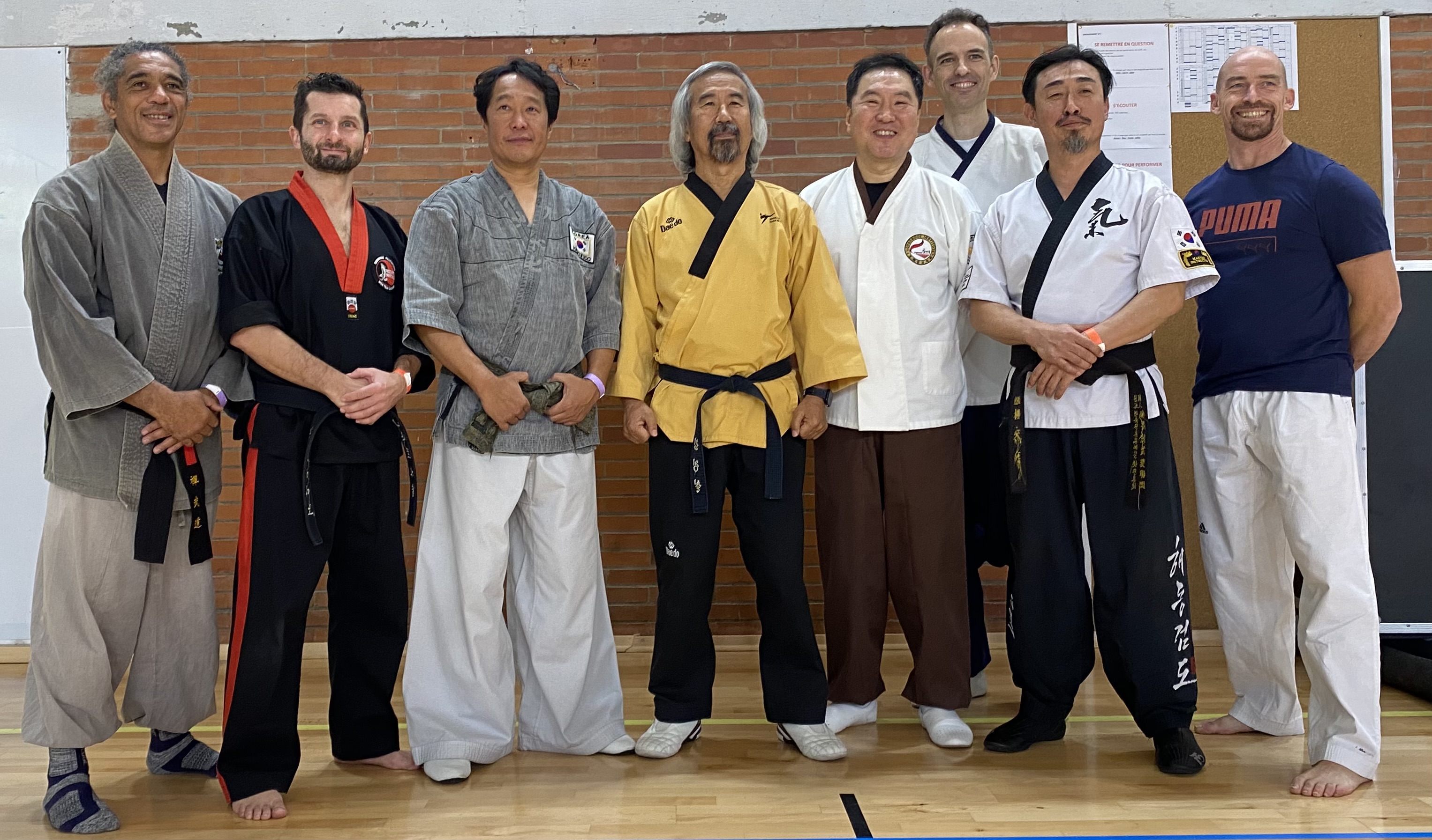les Maîtres présents au Festival ( de gauche à droite ) : Franck Delevallez // Sonmudo - Mathieu Damiano // Taekwondo contact - Lee Kang-jong // Hapkimudo - Kim Jeong-cheol // Taekwondo WT ( TKD WT)- Do Ki-Hyun , assisté de Jean-Sébastien Bressy // Hopaesool et le Taekkyon - Yu Rea-Hyoung // Haidong Kumdo ( sabre coréen)- Stéphano Rizzi // Body Taekwondo
