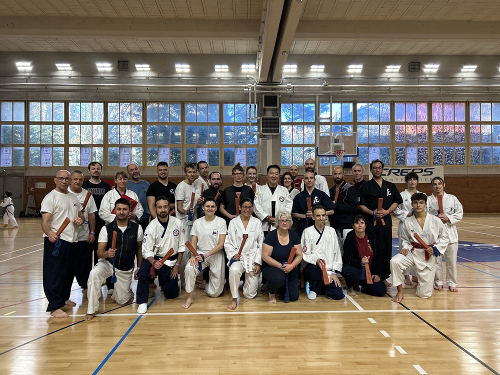 Grand-Maître Do Ki-Hyun entouré des participants à un des stages de découverte du Hopaesool pendant le festival de Montpellier. ( Photo Daniel Formichi)