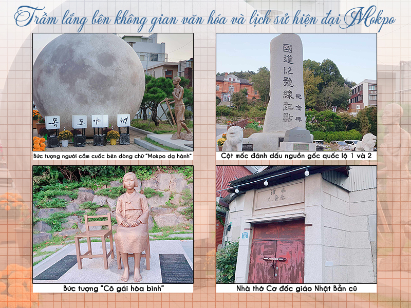 Một số hình ảnh, di tích mang giá trị văn hóa phản ánh phần nào quá khứ của đất nước Hàn Quốc bao gồm: bức tượng người lao động cầm cuốc bên dòng chữ “Mokpo dạ hành”, cột mốc đánh dấu nguồn gốc quốc lộ 1 và 2, tượng “Cô gái hòa bình”, và nhà thờ Cơ đốc giáo Nhật Bản cũ. (Ảnh: Vũ Đỗ Hải Hà)