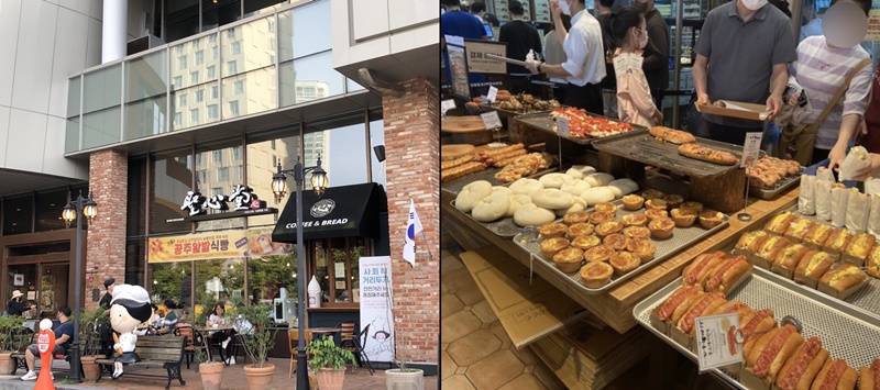 左图为圣心堂面包店外观。右图为在圣心堂内，正在挑选面包的客人们。韩宣网名誉记者杨慧妍 摄