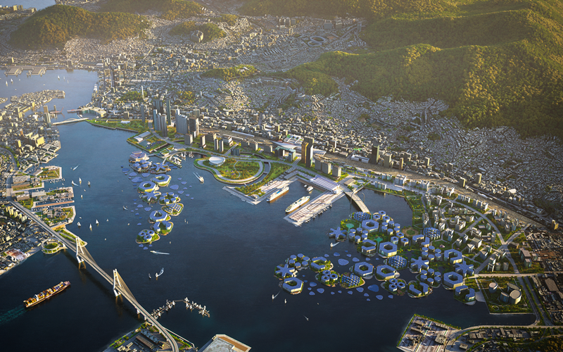 Representación aérea de Oceanix Busan, el primer prototipo de ciudad flotante del mundo.