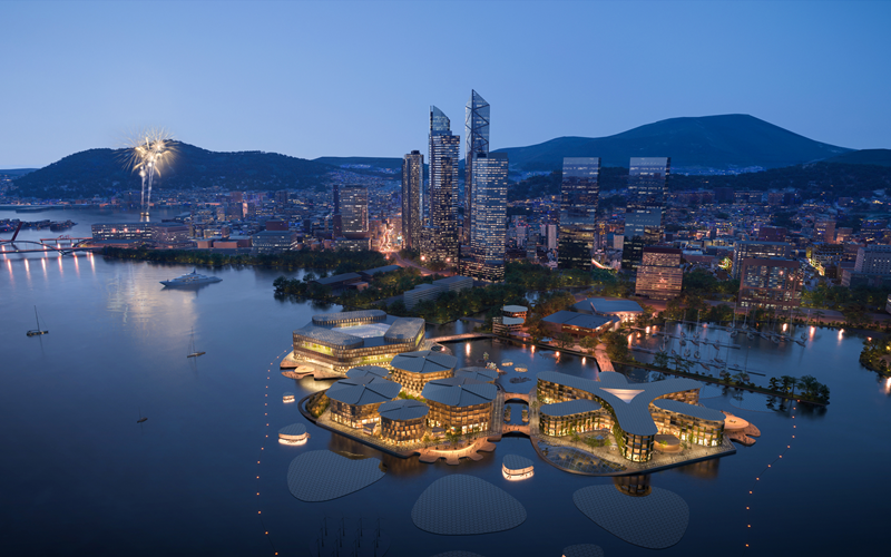 Representación aérea de Oceanix Busan, el primer prototipo de ciudad flotante del mundo. 