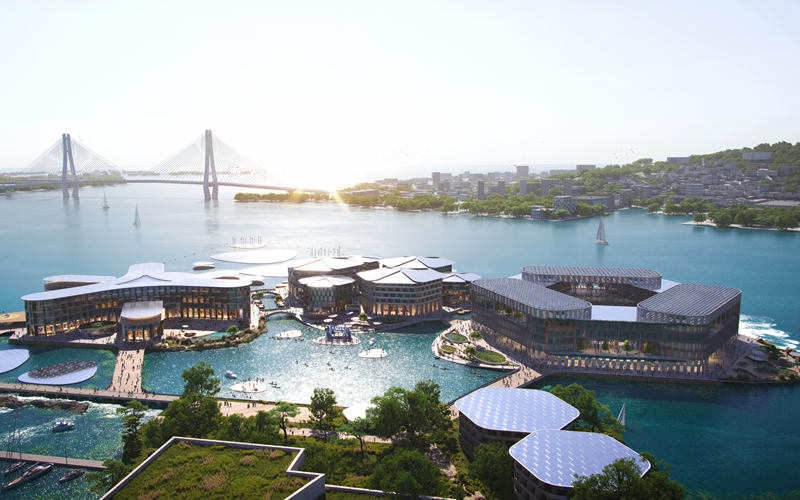 Representación aérea de Oceanix Busan, el primer prototipo de ciudad flotante del mundo. 